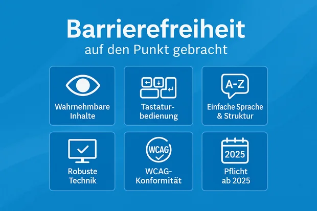 grafische Darstellung der Fakten (Wahrnehmbare Inhalte, Tastaturbedienung, Einfache Sprache & Struktur, Robuste Technik, WCAG-Konformität, Pflicht ab 2025) zum Thema Barrierefreiheit