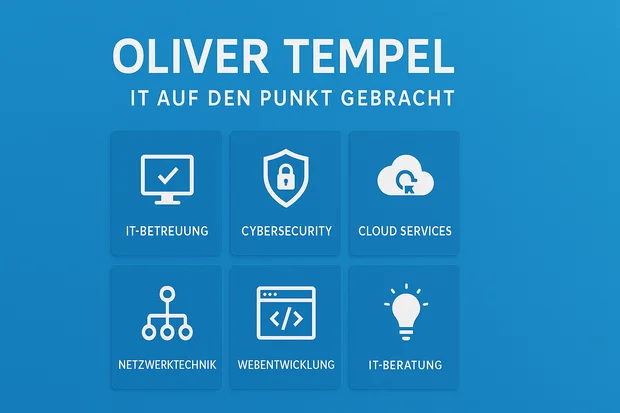 Zusammenfassung von Oliver Tempel - IT auf den Punkt gebracht mit den Inhalten IT-Betreuung, Cybersecurity, Cloud Services, Netzwerktechnik, Webentwicklung und IT-Beratung