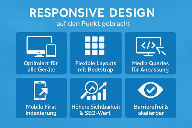 grafische Darstellung der Fakten (Optimiert für alle Geräte, Flexible Layouts mit Bootstrap, Media Queries für Anpassung, Mobile First Indexierung, Höhere Sichtbarkeit & SEO-Wert, Barrierefrei & skalierbar) zum Thema Responsive Design